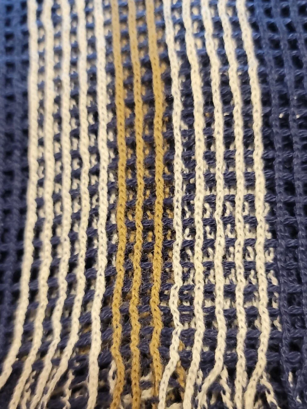 Navy Waffle Crocheted Fringe Scarf with Cream Stripe - Women Accessories